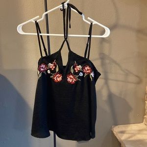 Hollister, black top with embroidered flowers